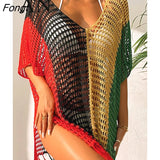 Contrast Color Sexy Loose Pullover V-neck Tassel Hollowed Out Beach Sunscreen Bikini Beach Blouse Bathing Suit WomenCover