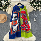 Fongt Folded Dress Women's Autumn 2025 Retro Collar Long Sleeves Loose A-Word Printing Skirt