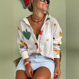 Fongt Long-Sleeved Shirt Print Fashion Cardigan Casual Top Collar 5010