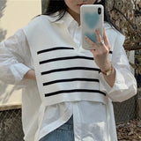New 2022 Korean Fashion Waistcoat Striped Knitted Oversized Women Autumn Winter Sweater Vests Short Tops
