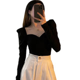 Women Off Shoulder Puff Ruffle Long Sleeve T Shirt Ladies Solid Casual Tops Solid Color-Outfit