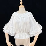 Lolita Chiffon Blouses Women Cute Bow Ruffles Three Quarter Flare Sleeve Undershirt Girl Kawai Off Shoulder Shirt Crop Top-Outfit