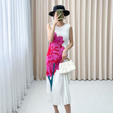 Fongt Folded Mountain Tea Printed Sleeveless Dress Female High-End Temperament Slim Thin Round Neckless Vest Skirt