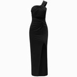 Fongt Clear New Air Women's Wear 2024 New Fashion Pure Color Diagonal Shoulder Hollow Slit Dress-Outfit