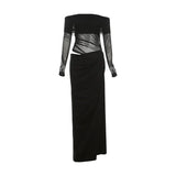 Fongt 2025 New Women's Temperament Sexy Shoulder Mesh Perspective Long Dress Dress Woman
