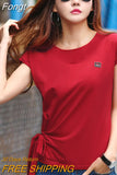 Moda Mujer 2023 Summer Cotton White T Shirt Bow Femme Korean Fashion Tops Tee Shirt Women Tshirt Batwing Sleeve