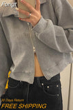 Korean Fashion Gray Zipper Sweatshirt Women Harajuku Oversized Long Sleeve Jacket Casual Tracksuit Female Crop