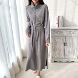 New 2020 Autumn Winter Women Dresses Turtleneck Drawstring Oversize Korean Split Knitted Elegant Long Dresses