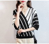 Striped Bottom Shirt Top 2025 Summer New Temperament V-Neck Five-Sleeve Ice Silk T-Shirt Knitted Shirt