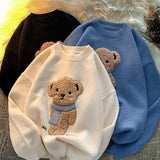 Hop Lamb Fleece Bear Cute Embroidery Oversized Sweater Men Couples O-neck Soft Winter Knitted Pullover Winter Kawaii