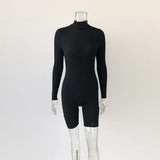 2021 New Arrival Women's Spring Sexy Solid Color Shorts Suit Tight Casual High Cllar Long Sleeve One