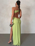 Green Maxi Dress 2023 Diagonal Collar Hollow Out Long Summer Dress Backless Sexy Dresses for Women Party Evening