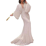 Fongt New V-Necked Long-Sleeved Sleeves Of Sleeves Dress Fishtail Banquet Elegant Long