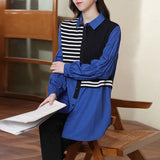 Striped Casual Loose Patchwork Blouse Spring Autumn Turn-down Collar Women's Clothing Single-breasted Shirring Shirt New-Outfit