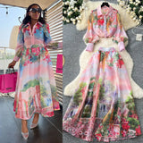 Fongt Actress High-End Printing Set Female Lantern Sleeve Buckle Shirt + High Waist Swing Half Body Skirt