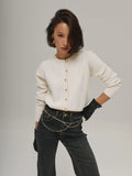 Fongt Gold Buckle Simple Knitted Cardigan 2025 Spring New Round-Neck Short Sweater Jacket