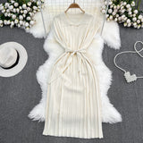 Fongt Summer French Retro Temperament Polo Collar Loose Belt A-Word Knitted Dress Casual Dress