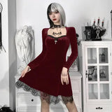 Dark Vintage Gothic Velour Autumn Dresses For Women Alt Clothes Grunge Long Sleeve Bodycon Partywear Lace Trim A-Line
