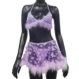 Two Pieces Feather Mini Skirts For Women Butterfly Perspective Mesh Feather Edge Sexy Suit Nightclub Party