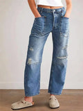 Fongt New Retro Hole Straight Trousers Casual Splicing Trousers Loose Jeans Woman