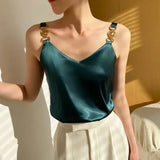Top V-neck Solid Fashion Sleeveless Top Women Temperament Elegant Office Lady Backless Top Silk Spaghetti Camis Summer