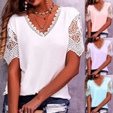 Fongt Women's T-Shirt Burst Lace Splicing Loose V-Neck Short-Sleeved T-Shirt