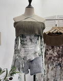 Fongt Shot Shoulder Cross Hanging Neck Knitting Mesh Yarn Coat Irregular Ribbon Horn Long-Sleeved T-Shirt 1101