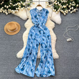 Fongt Ins Wear A Female Senior Sense Sleeveless V-Neck Tie Strap To The Belt Print Loose Broad Legs 100-Folded Jump-Fitting Trousers