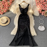 Elegant Temperament Leopard Sexy Female Robe Spaghetti Strap High Slim Waist Split Vestidos Women Party Summer
