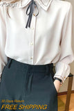 Elegant Chiffon Shirt Women Button Slim Long Sleeve Autumn Office Lady Straight Tops Preppy Style Korean Solid