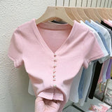 T Shirts Women V-Neck Pearl Buttons Cropped Tshirt Tee Lady Solid Slim Cardigan Crop Top for Female-Outfit