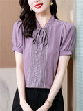 Fashion Ruffled Lacing Temperament Shirt Summer Autumn 2023 Half Sleeve Solid Color Office Lady Grace Chic Blouse