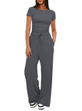 Fongt Suit Folding 2025 New Solid Short-Sleeved Top High-Rise Broad Leg Pants Sportswear