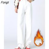 New Winter Thick White Jeans for Women Warm Soft Casual Loose Wide Leg Straight Full Length Denim