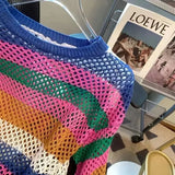 Women's Clothing Rainbow Striped Pullovers Casual Round Neck 2023 Spring Summer Korean Loose Fashion Hollow Out Knitted T-shirt-Outfit