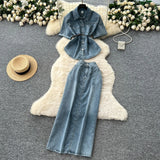 Fongt Light-Cooked Wind Strap To Close Waist Short-Sleeved Cowboy Topess Female High-Waisted Fork Hip Skirt Summer Two-Sleeve