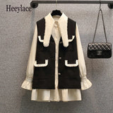 Women Autumn French Vintage Elegant Two Pieces Set Korean Long Sleeve Ruffles Patchwork Long Shirts And Vest