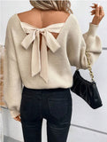 Fongt Women's V-Neck Solid Color Sweater Autumn New Long-Sleeved Casual Loose Bow Top Woman