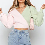 Criss Cross Women's Sweater Sweet Loose Color Matching Batwing Sleeve Lace Up Sweaters Autumn Fashion Lady