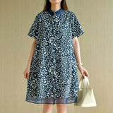 Vintage Printed Polo-Neck Straight Midi Casual Dresses Women's Clothing Short Sleeve Summer All-match Gauze Patchwork Dress-Outfit