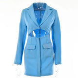 Notched Collar Button Women Dress Blazer Fake Two Piece Blue Long Sleeve Hollow Out Dress Women Slim Office Clothes
