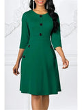 Women Spring Autumn Solid A-Line Dress Single-Breasted Design Pockets Decor O-Neck Three Quarter Sleeve High Waist Slim