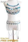 Big Gems Two 2 Piece Set Women Halter Hollow Out Crop Top Sexy Link Chain Tassels Skirt Matching Sets Party Club