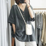 Fongt Version Of Cotton Shirt V Collar Large-Size Leisure Imitation Cotton Lining Jacket Solid Color Short-Sleeved Top Woman