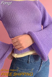Vintage Rainbow Striped Knitted Sweaters Autumn Winter Crimping Long Sleeve Cropped Pullovers Jumpers Streetwear Chic