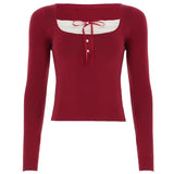 Fairy Lace Square Collar Bow Long Sleeve Tee-Outfit