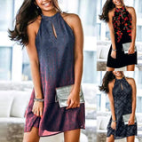 Fongt Print Short Skirt Three House Hanging Neck Powder Thin High Waist Temperament Commuting Women's