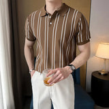 Fongt Summer High-End Short-Sleeved Men's Fashion Brand Striped Collar Ice Silk Knitted Half-Sleeved T-Shirt For Men