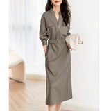 Fongt Temperament Commuting Long Sleeves Wearing Skirts In The Fall Of 2025 New V-Neck Waist Thin Shirt Dress Lady