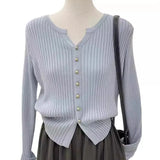 Gentle Style Sweater Spring And Autumn New Solid Color Gold Button V Neckline Sweater Cardigan Short Outer Coat-Outfit